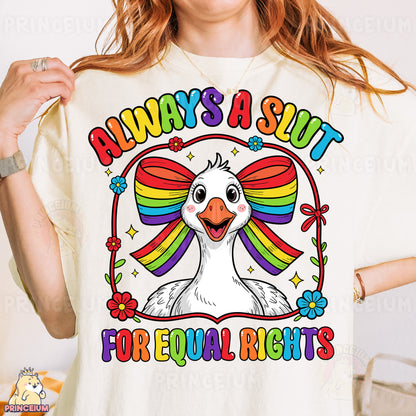 a woman wearing a t - shirt that says, always a suit for equal rights