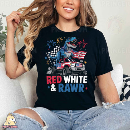 a woman wearing a red, white and raw t - shirt