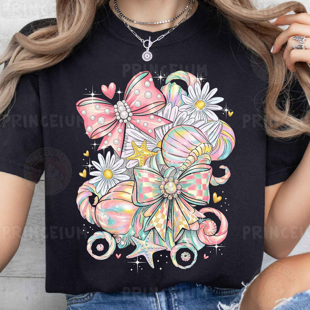 a woman wearing a t - shirt with a bow and flowers on it