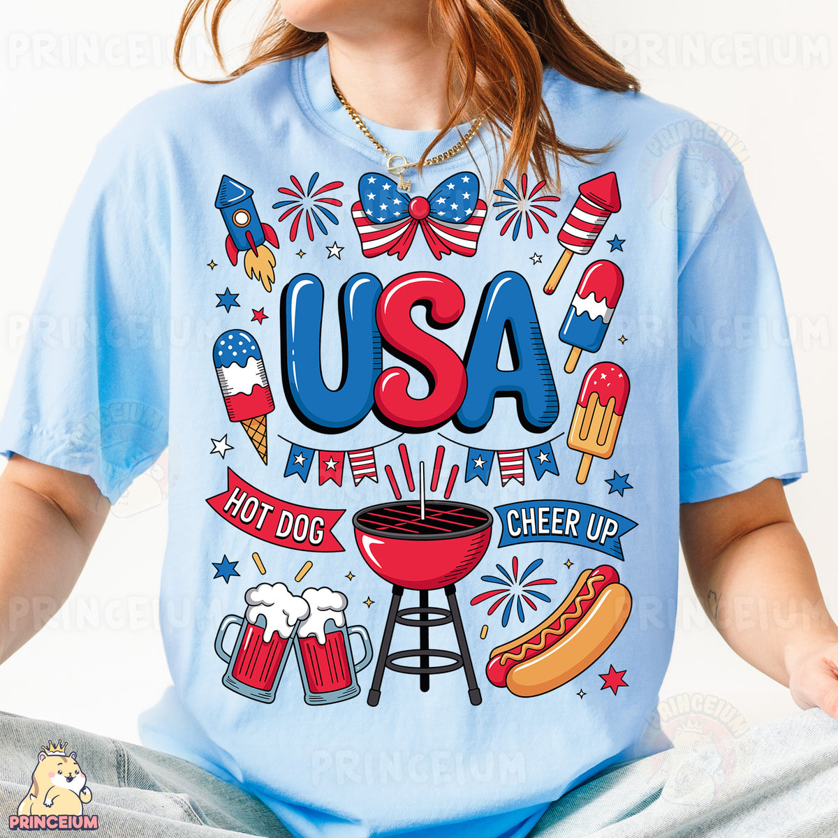 a woman wearing a usa t - shirt while sitting on a bed