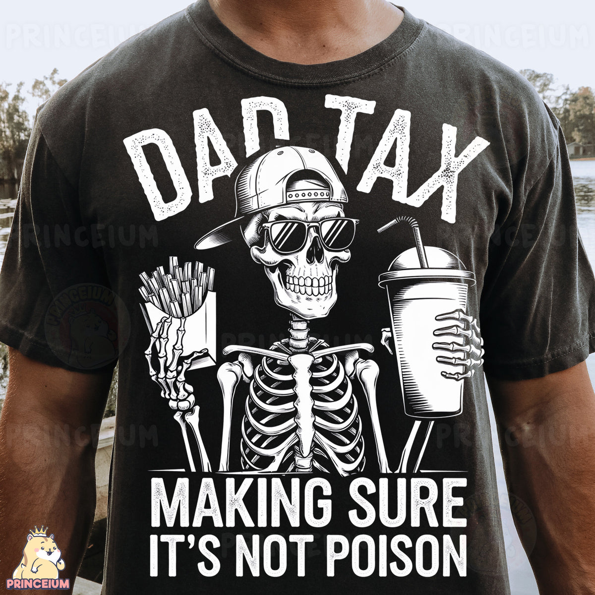 a man wearing a shirt that says dad tax making sure it's not prison