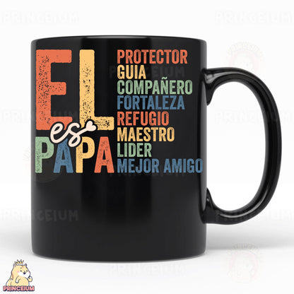 a black coffee mug with different languages on it