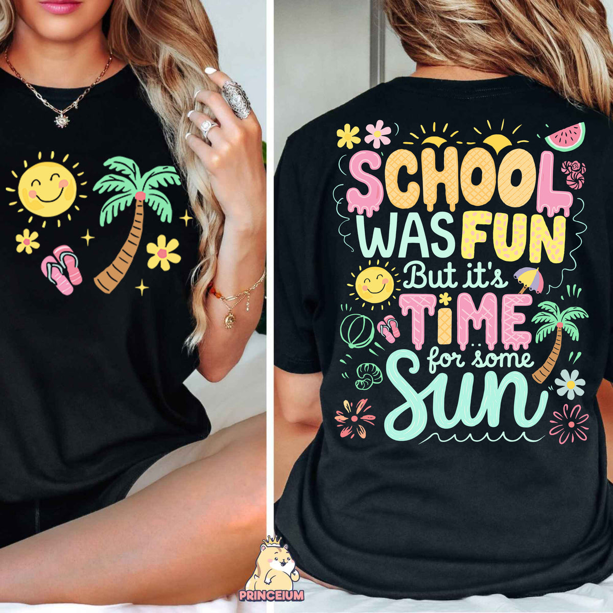 a woman wearing a black shirt that says school was fun but it time for some