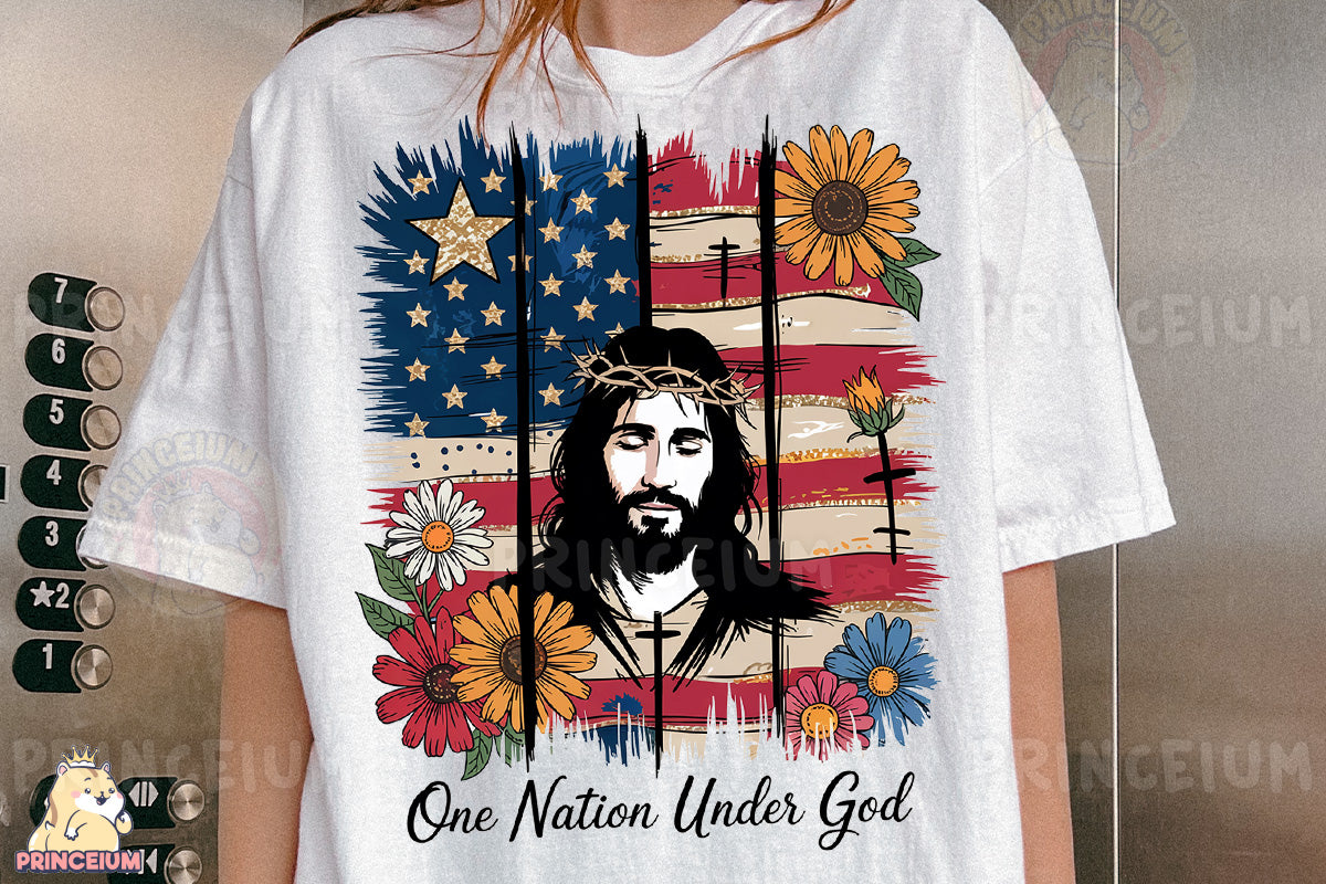 a woman wearing a t - shirt with a picture of jesus on it