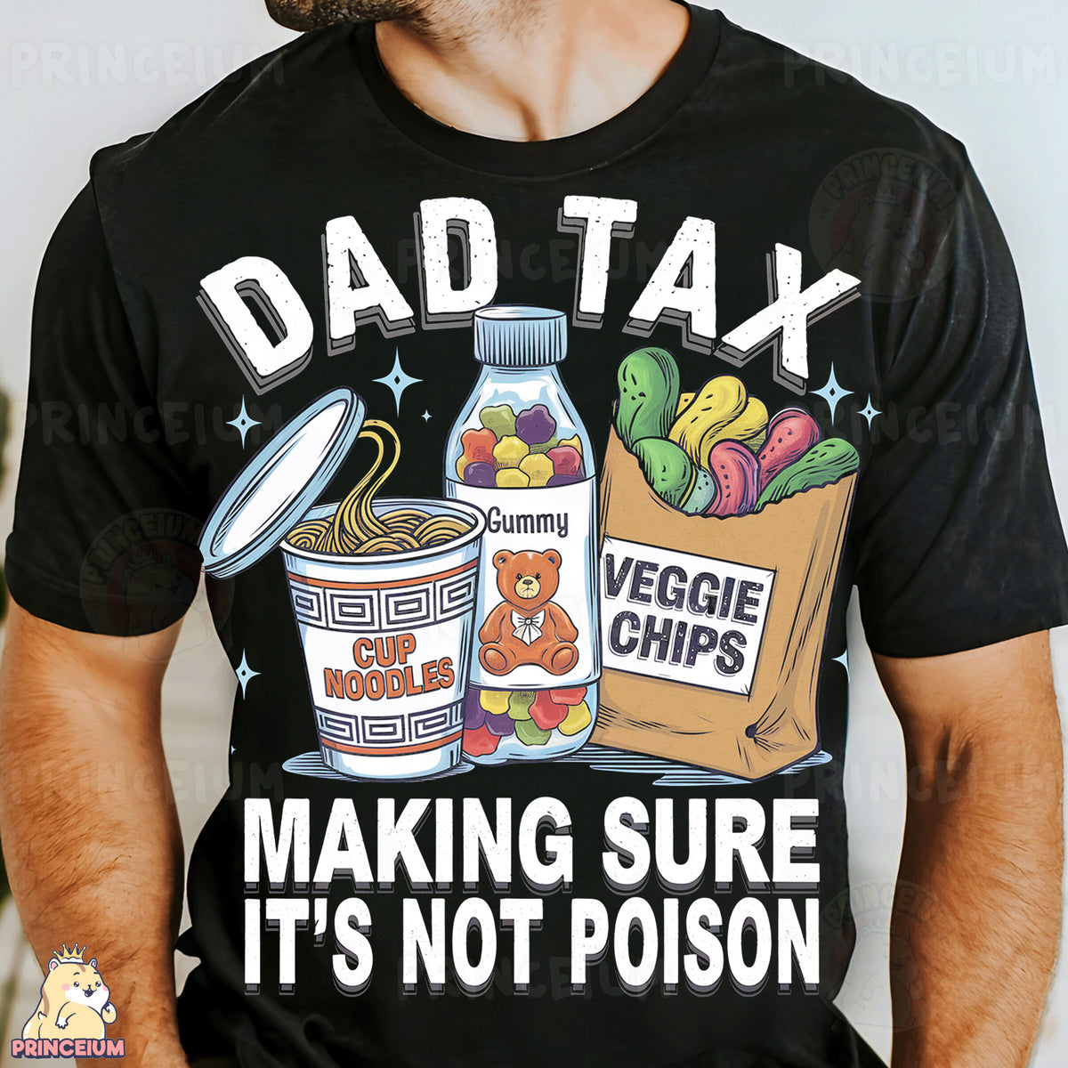 a man wearing a shirt that says dad tax making sure it's not po