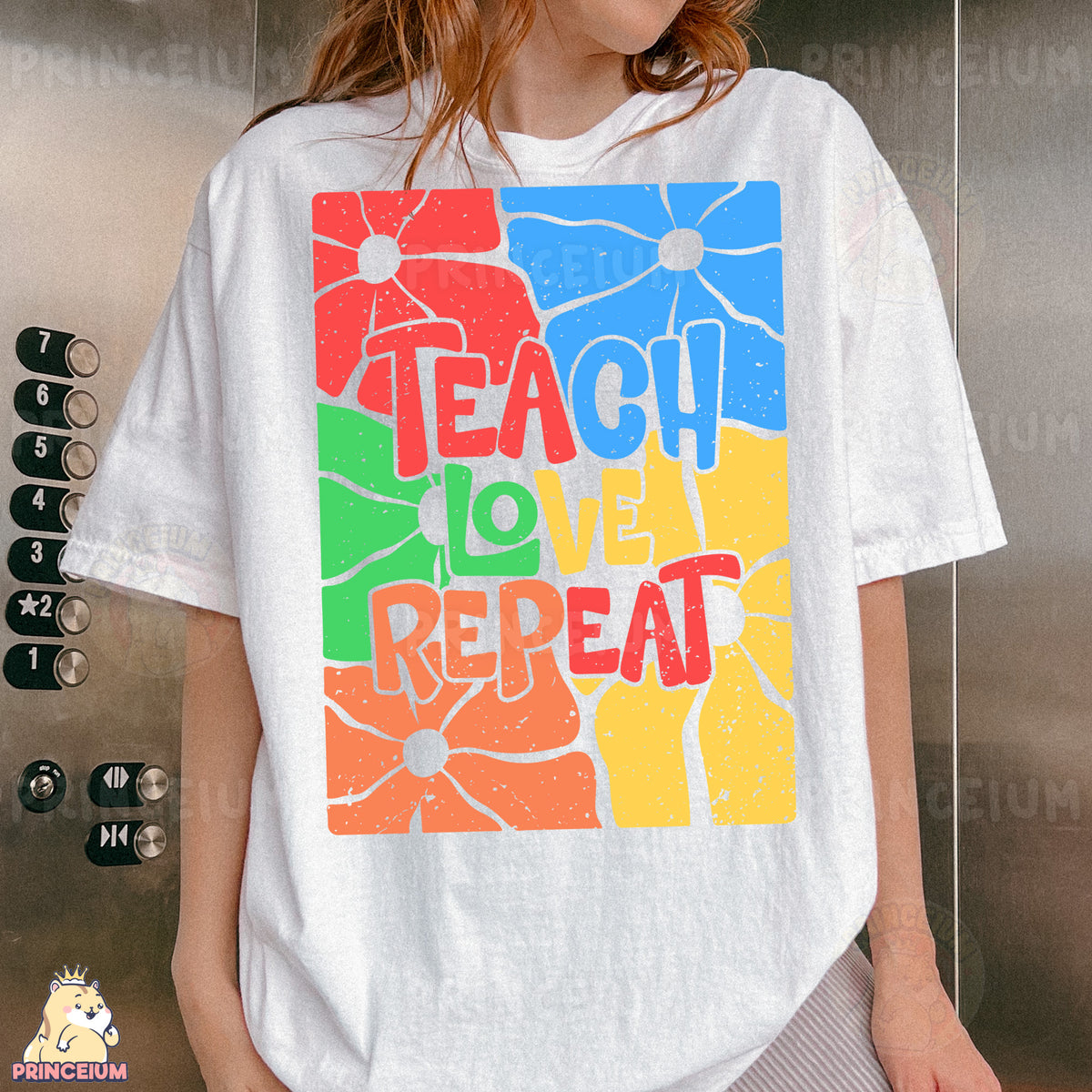 a woman wearing a t - shirt that says teach love repeat