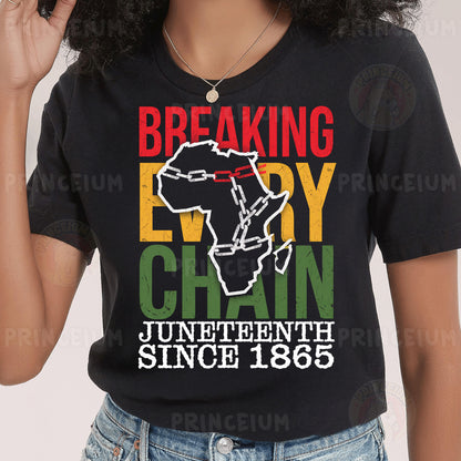 a woman wearing a t - shirt that says breaking every chain