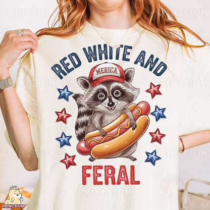 a woman wearing a red, white and blue shirt with a raccoon on