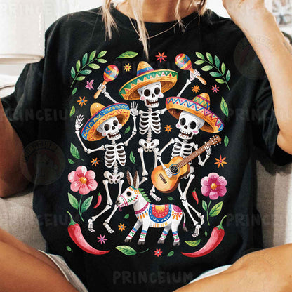 a woman sitting on a couch wearing a mexican skeleton t - shirt