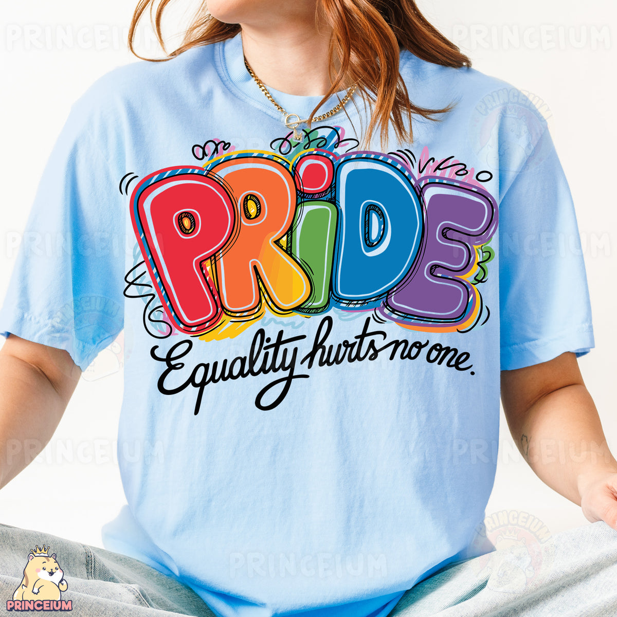 a woman wearing a blue shirt with the words pride on it