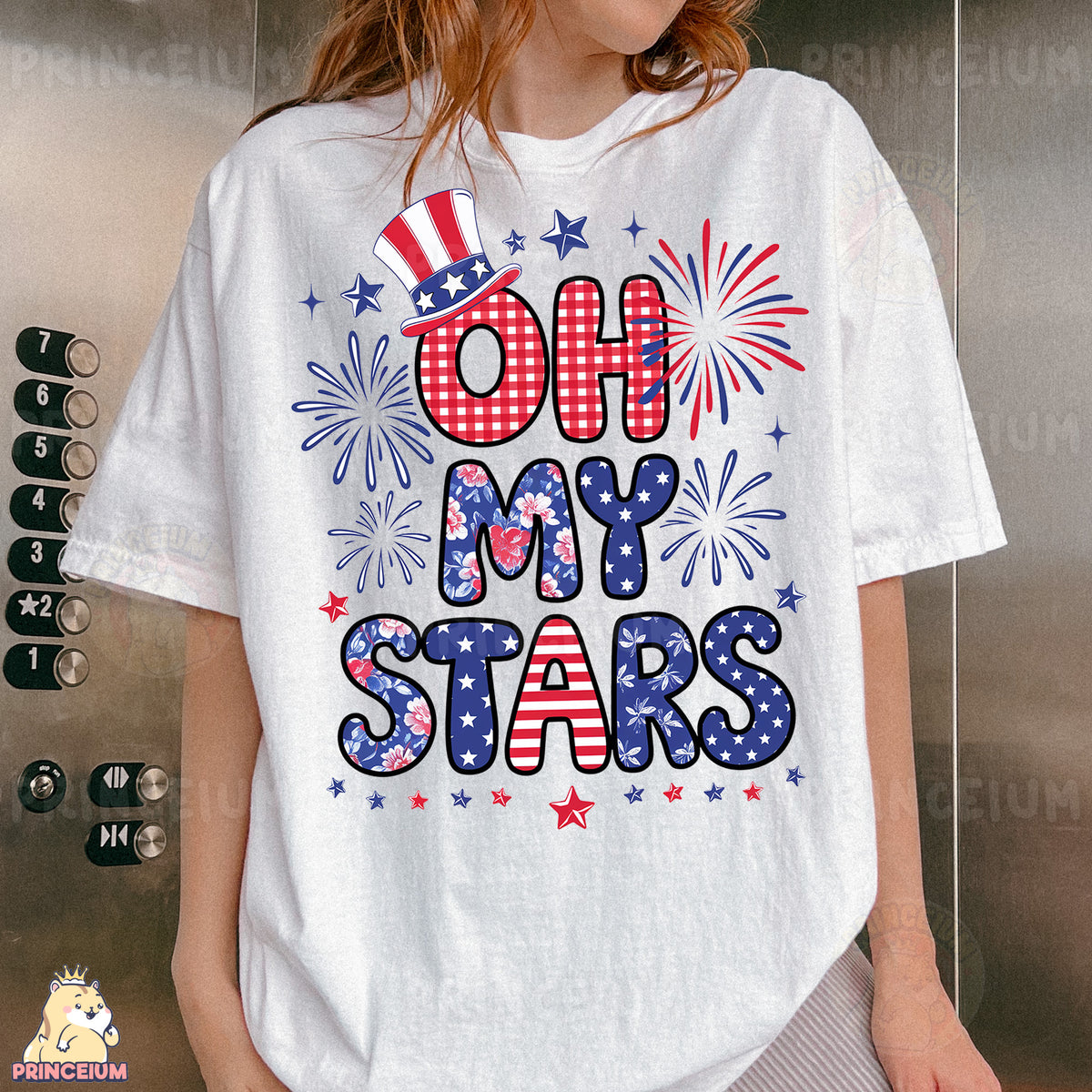 a woman wearing a t - shirt that says oh my stars