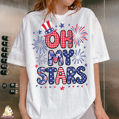 a woman wearing a t - shirt that says oh my stars
