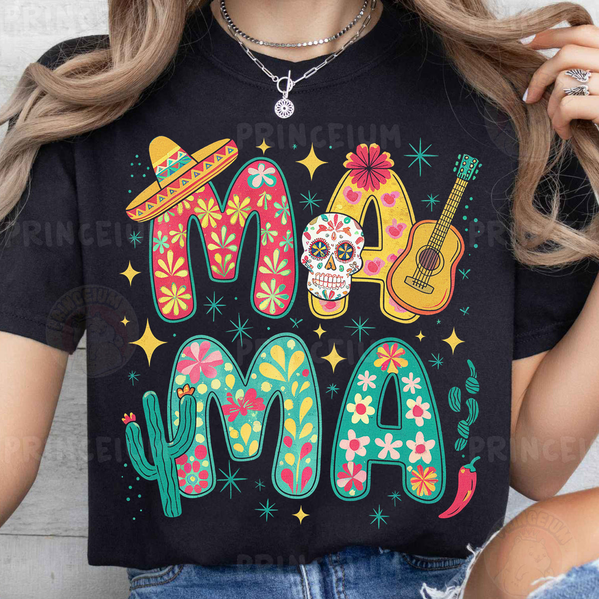 a woman wearing a t - shirt that says mom and a guitar