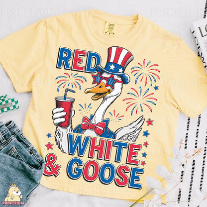 a red, white and goose t - shirt on a table