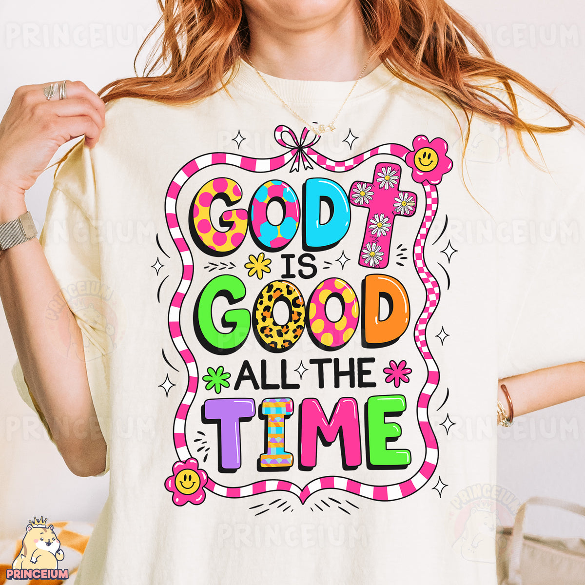a woman wearing a t - shirt that says god is good all the time