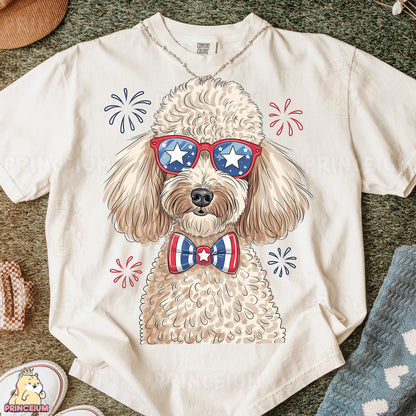 a dog wearing sunglasses and a bow tie