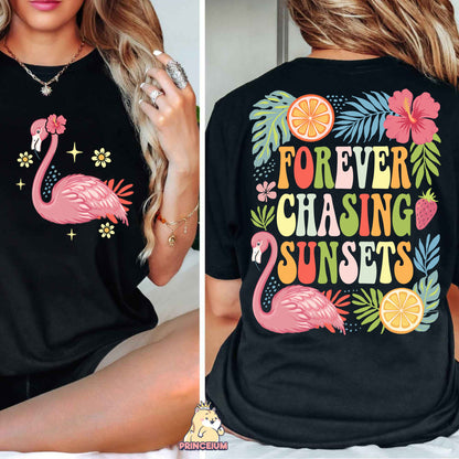 a woman wearing a black shirt with a flamingo on it