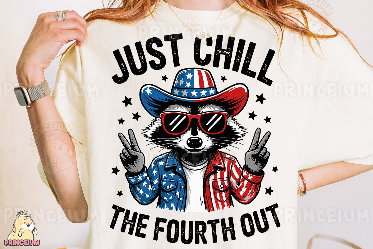 a woman wearing a t - shirt that says just chill the fourth out