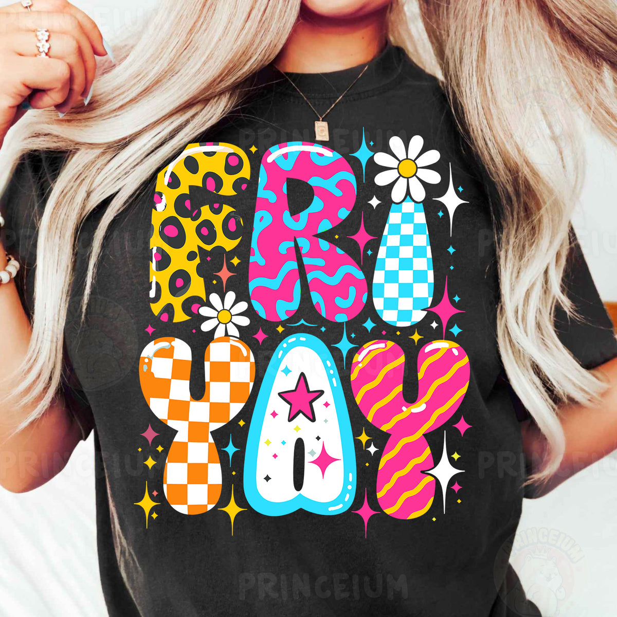 a woman wearing a black shirt with colorful letters