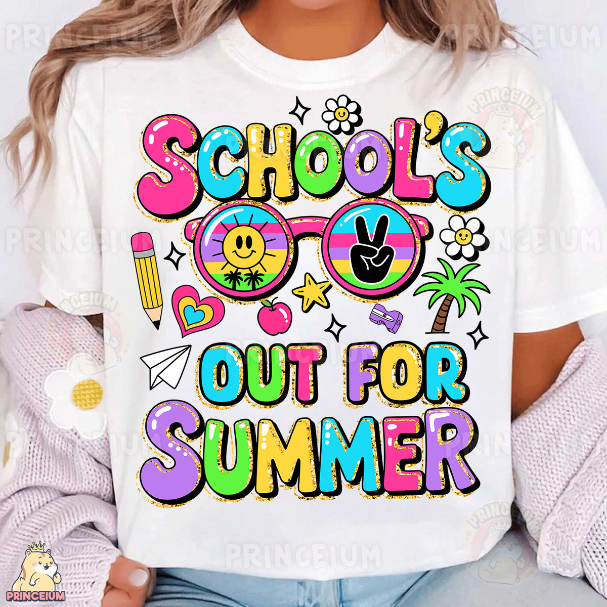 a woman wearing a t - shirt that says school's out for summer