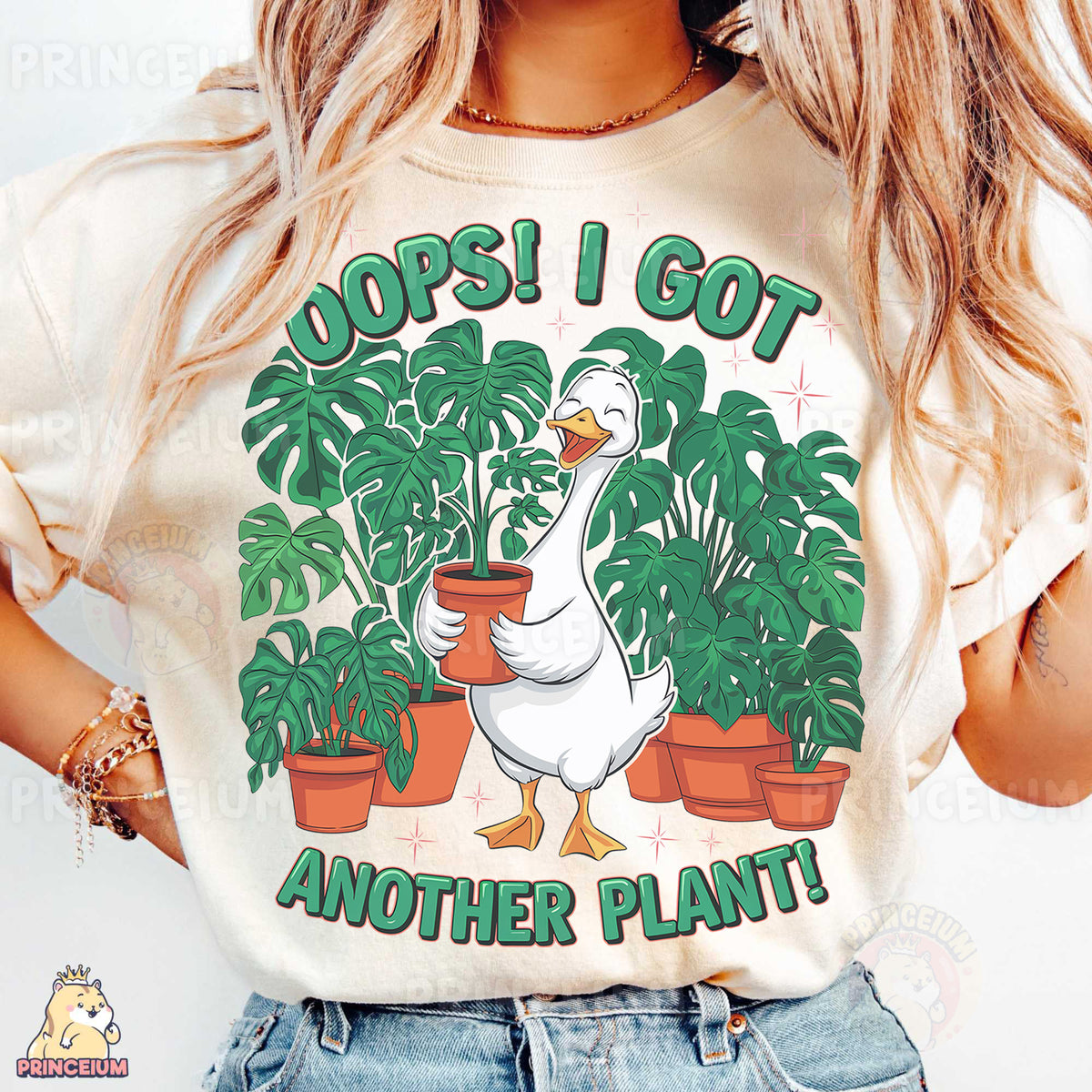 a woman wearing a t - shirt with a goose holding a potted plant
