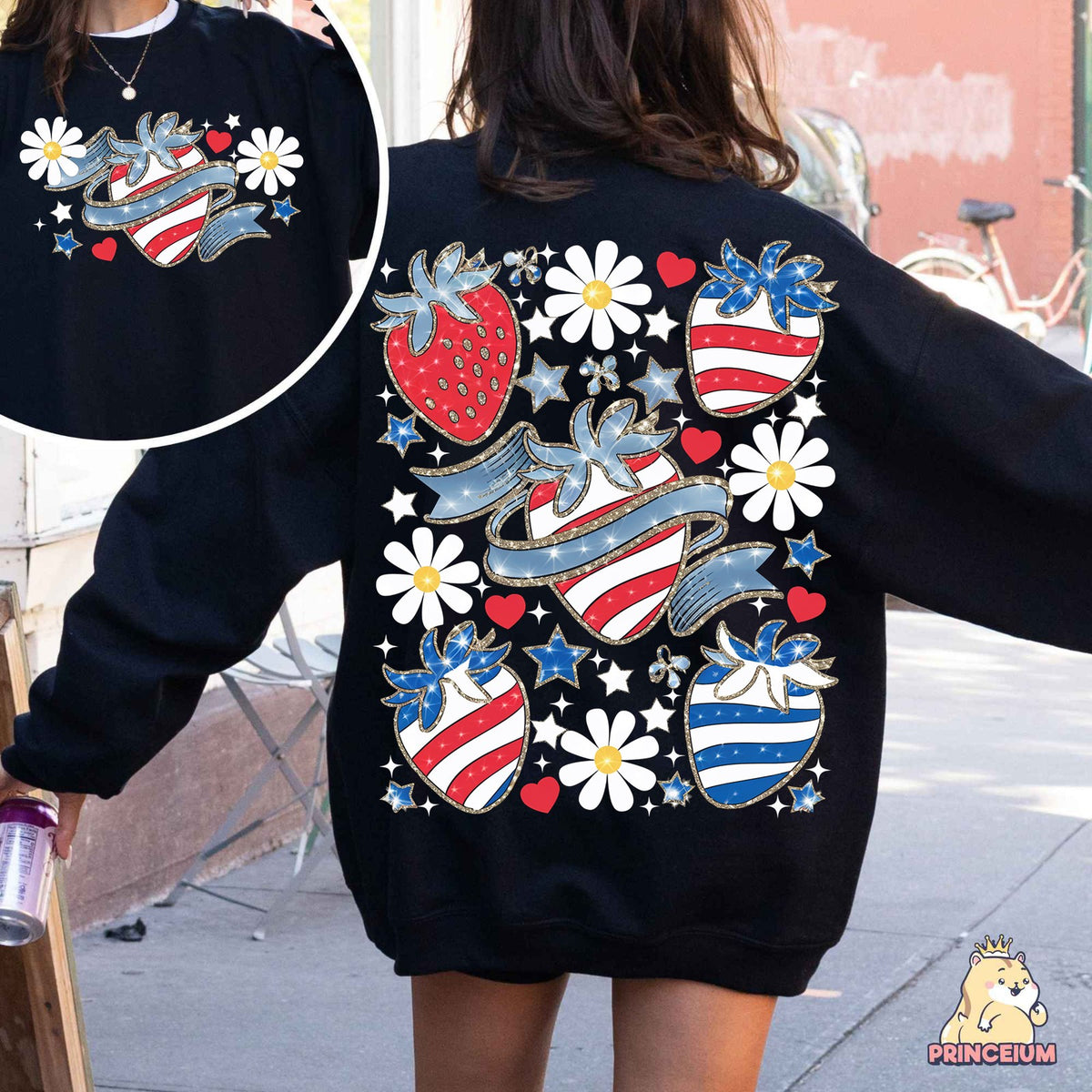 Patriotic Strawberries & Daisies Front and Back