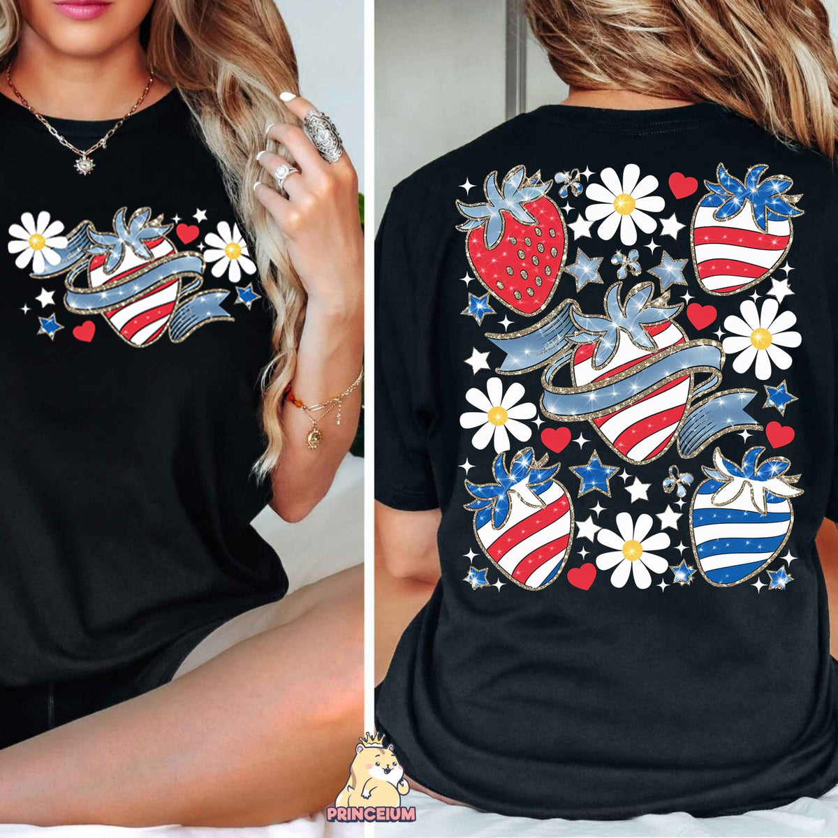 Patriotic Strawberries & Daisies Front and Back