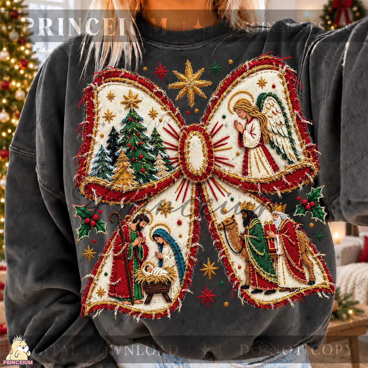 Embroidered Nativity Christmas Bow