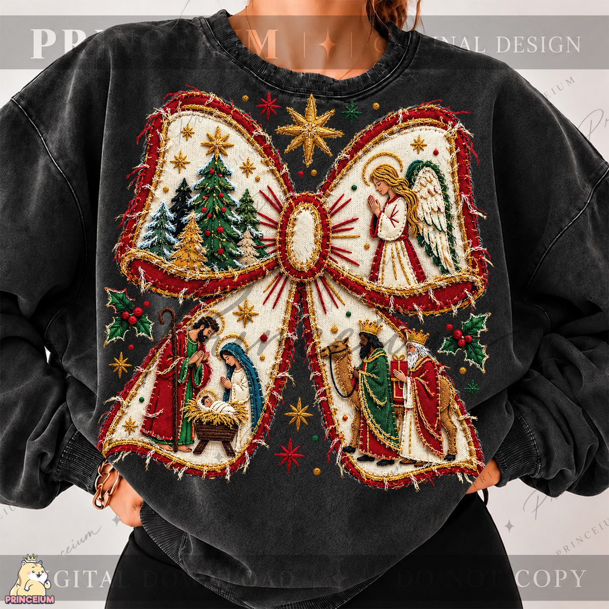 Embroidered Nativity Christmas Bow