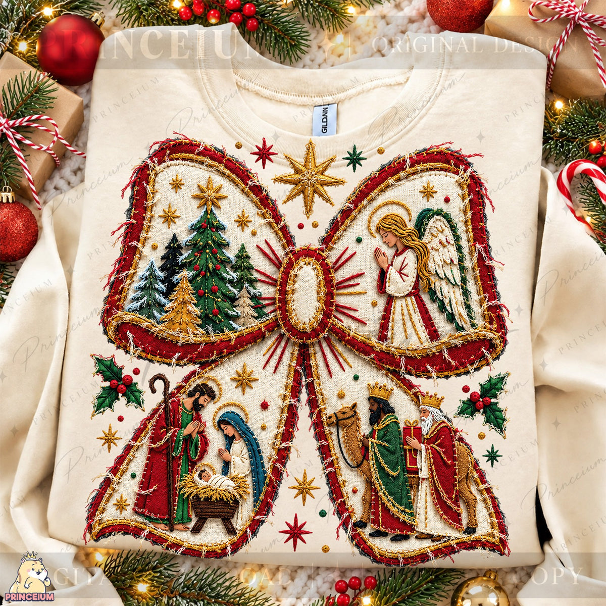 Embroidered Nativity Christmas Bow