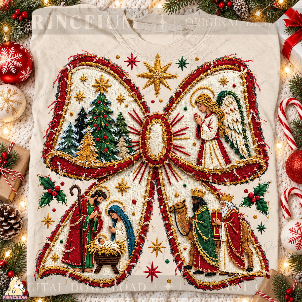 Embroidered Nativity Christmas Bow