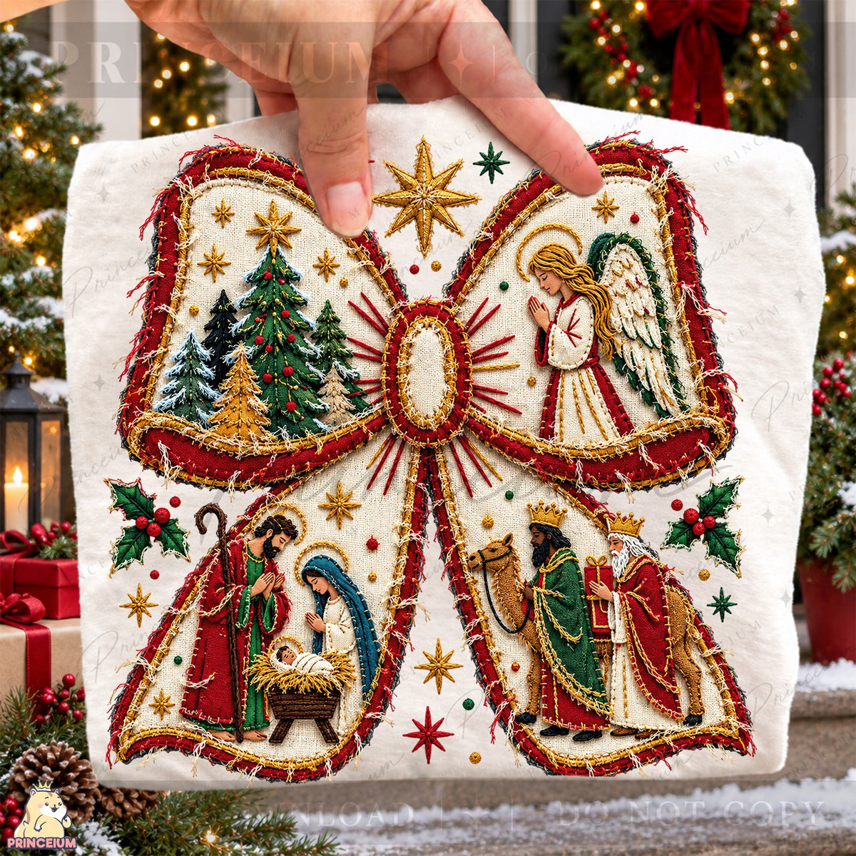 Embroidered Nativity Christmas Bow