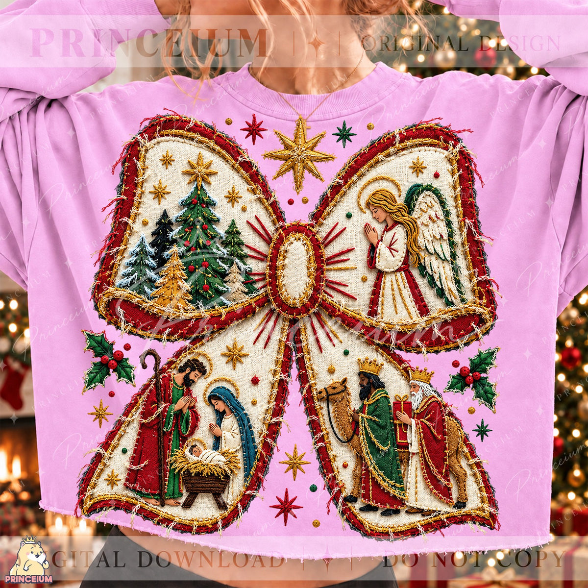 Embroidered Nativity Christmas Bow