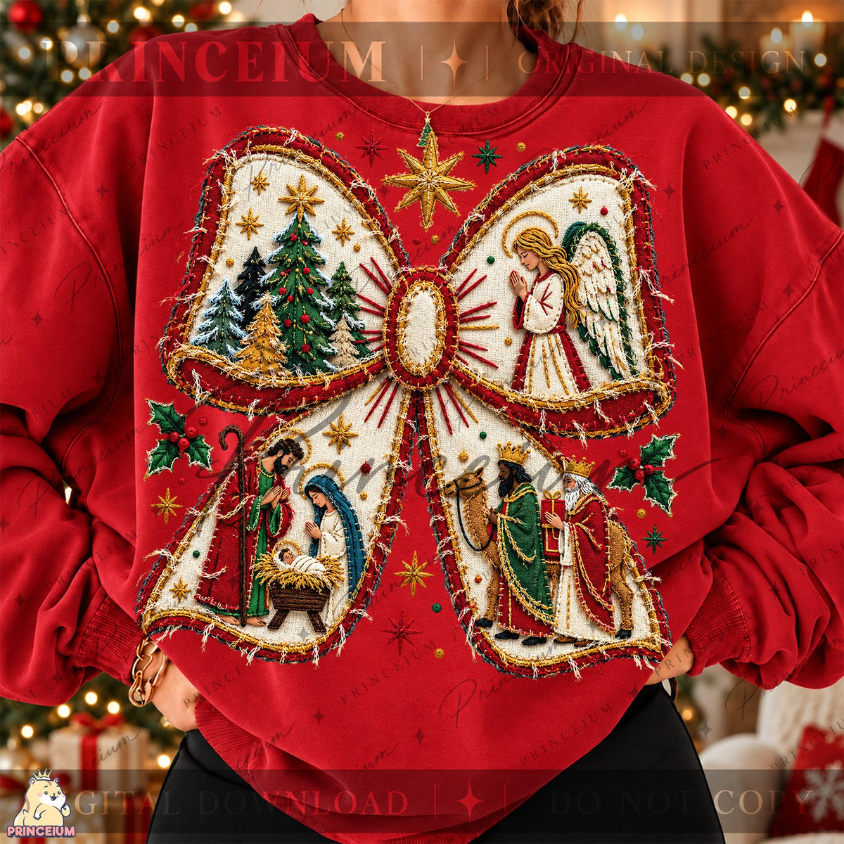 Embroidered Nativity Christmas Bow