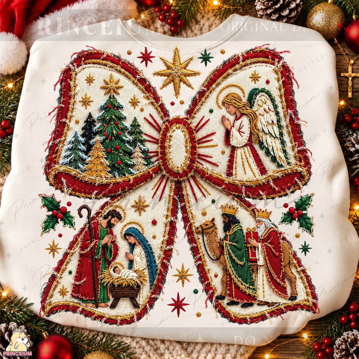 Embroidered Nativity Christmas Bow