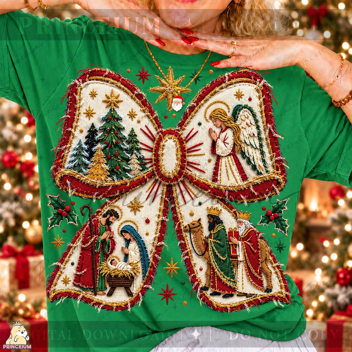 Embroidered Nativity Christmas Bow