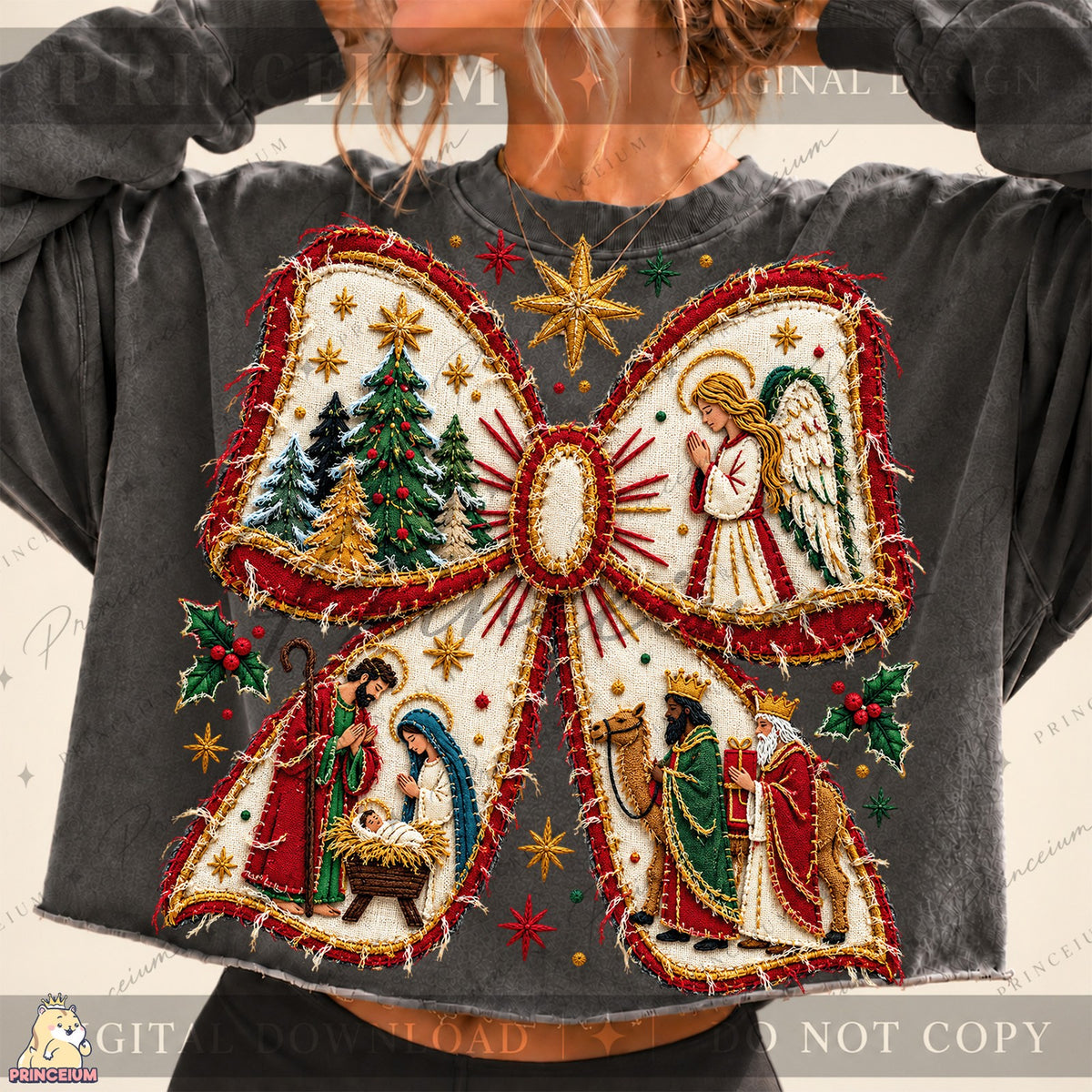 Embroidered Nativity Christmas Bow