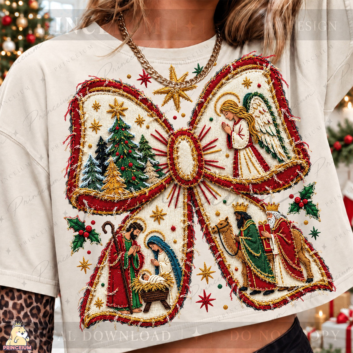 Embroidered Nativity Christmas Bow