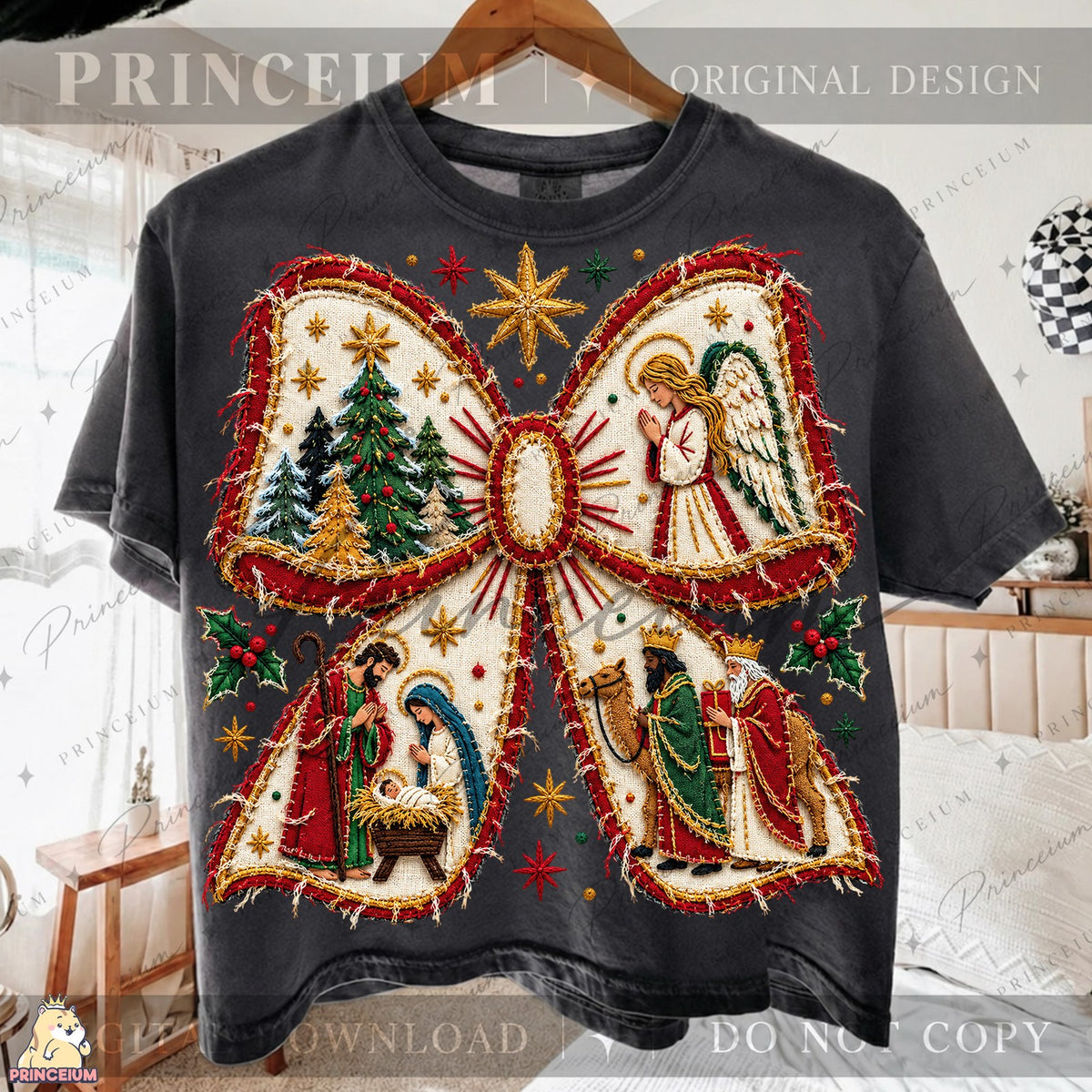Embroidered Nativity Christmas Bow
