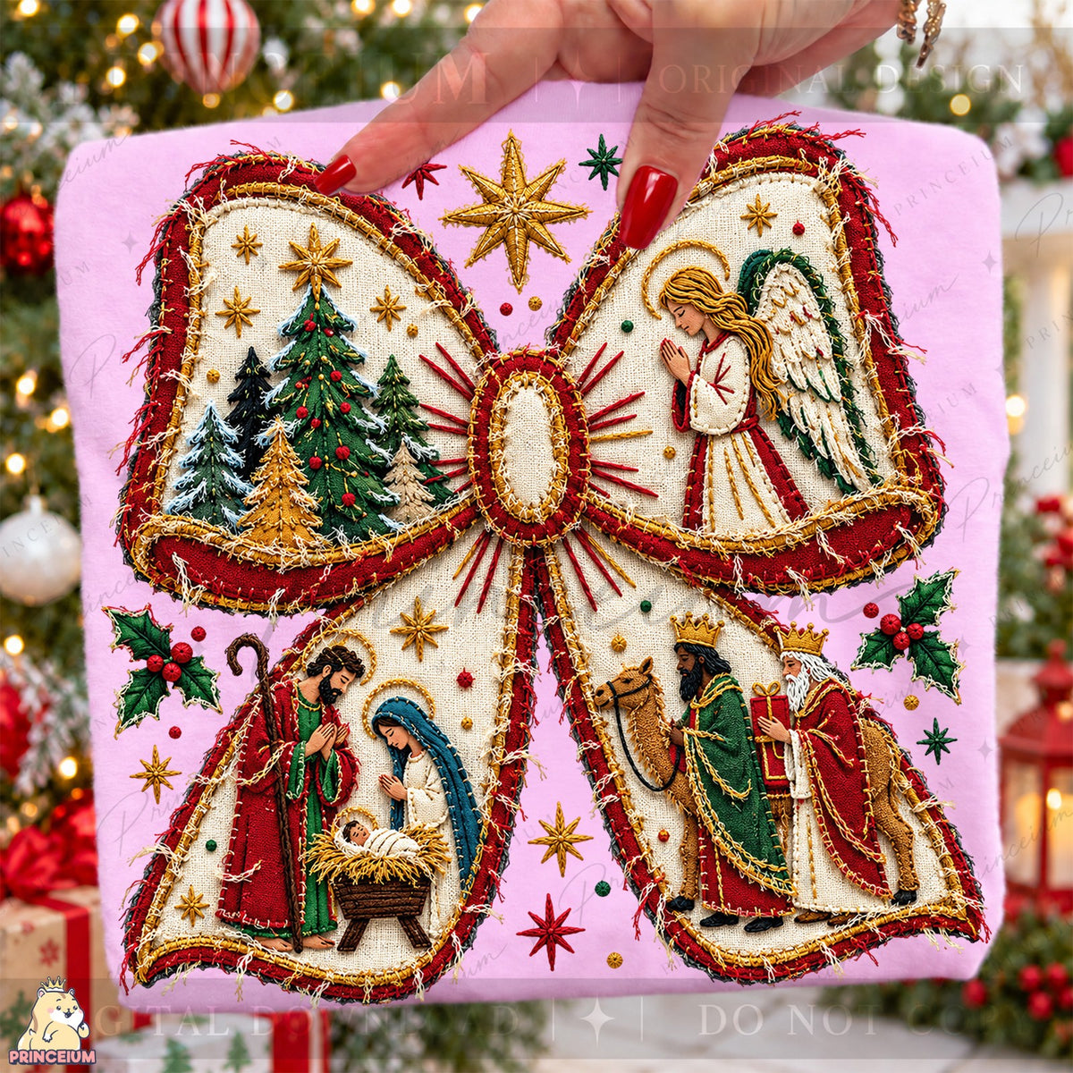 Embroidered Nativity Christmas Bow