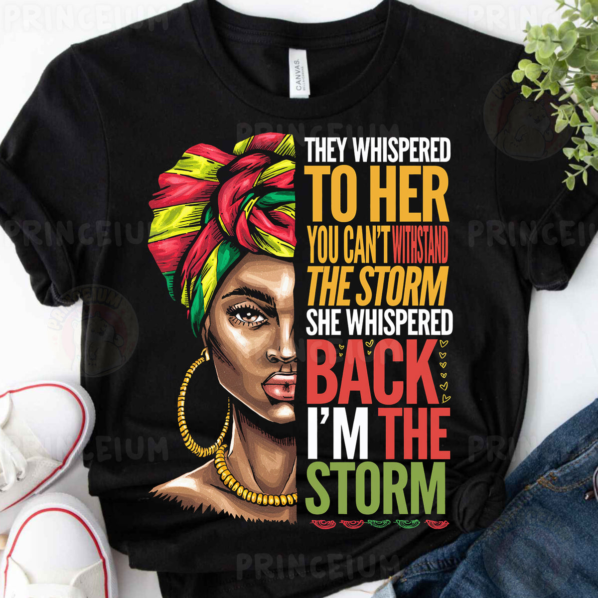 a black woman with a red turban on her head wearing a black shirt