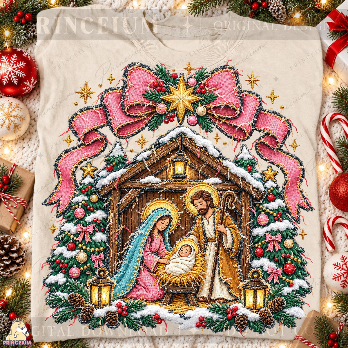 Pink Bow Christmas Nativity