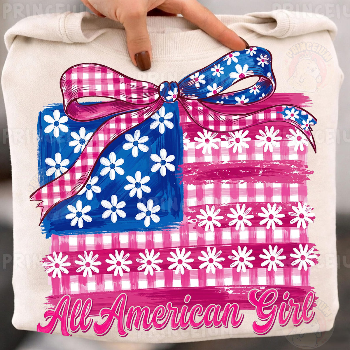 All American Girl Sublimation Design PNG | Patriotic Gingham Flag with Bow Digital Download
