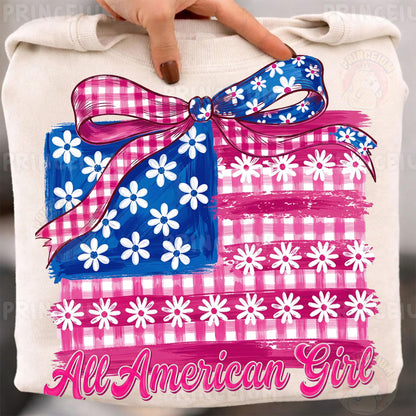 All American Girl Sublimation Design PNG | Patriotic Gingham Flag with Bow Digital Download