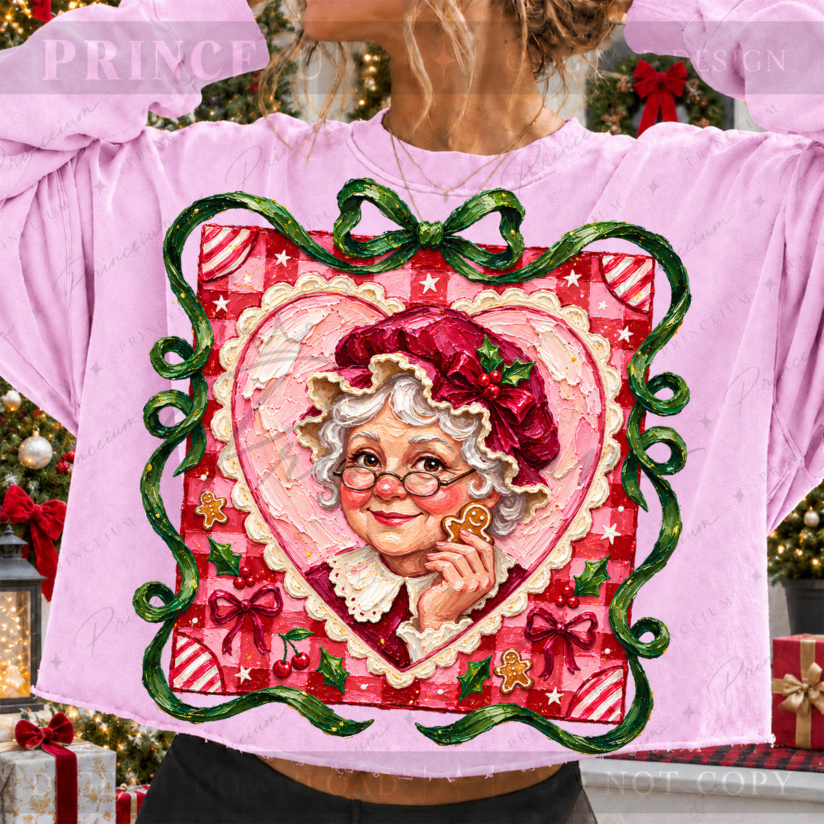 Mrs. Claus Christmas PNG – Pink Heart & Gingerbread Coquette Design | Digital Download