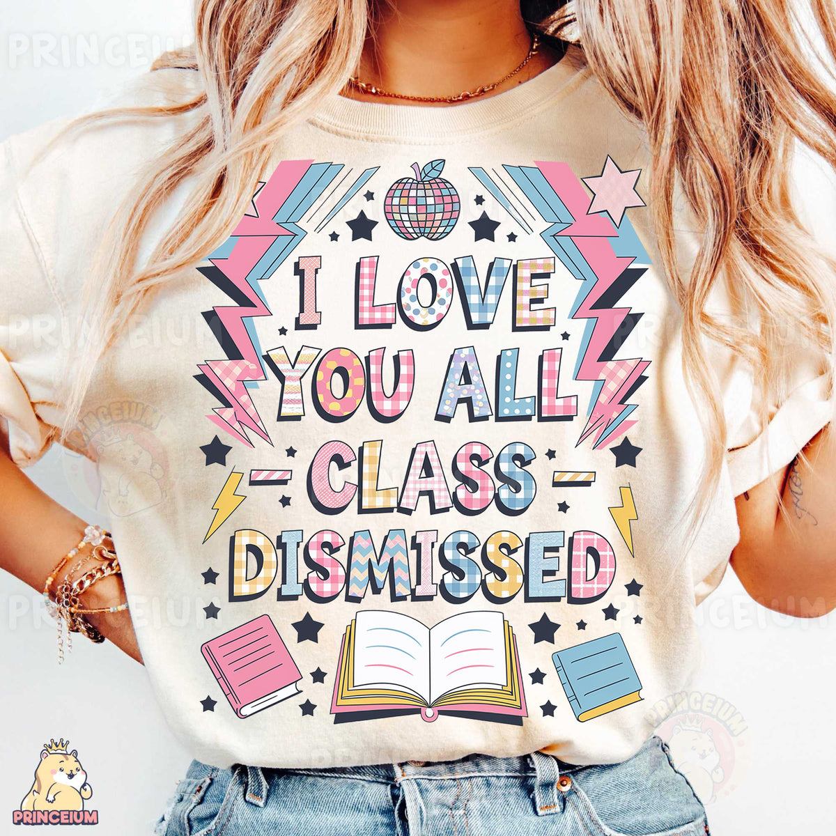 a woman wearing a t - shirt that says i love you all class dism