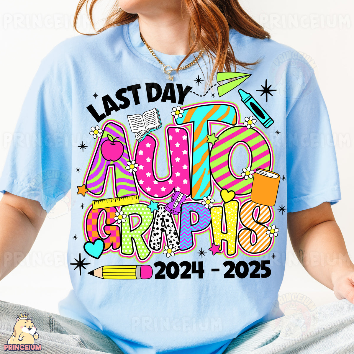 a woman wearing a t - shirt that says last day autographs