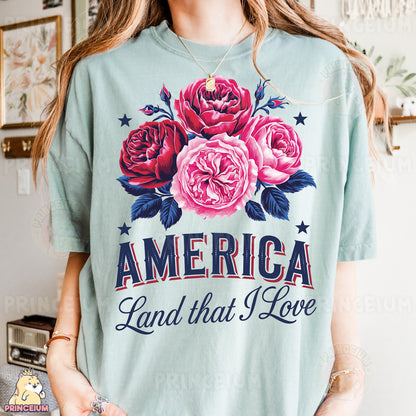 a woman wearing a t - shirt that says america land that i love