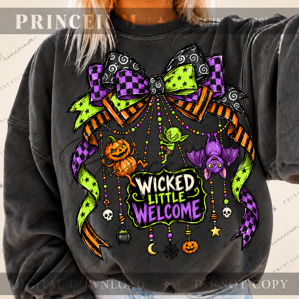 Wicked Little Welcome Halloween PNG – Spooky Bow & Charms Design | Digital Download