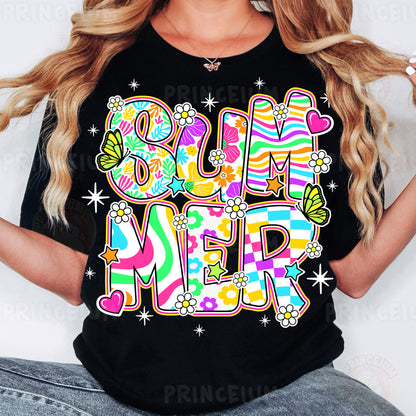 a woman wearing a black tshirt with a colorful design on it
